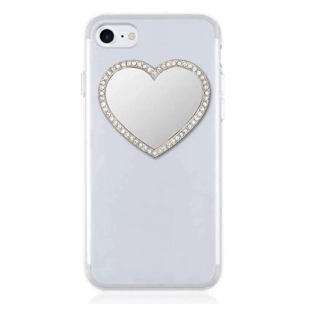 Silver with rhinestone embellished heart shaped phone mirror